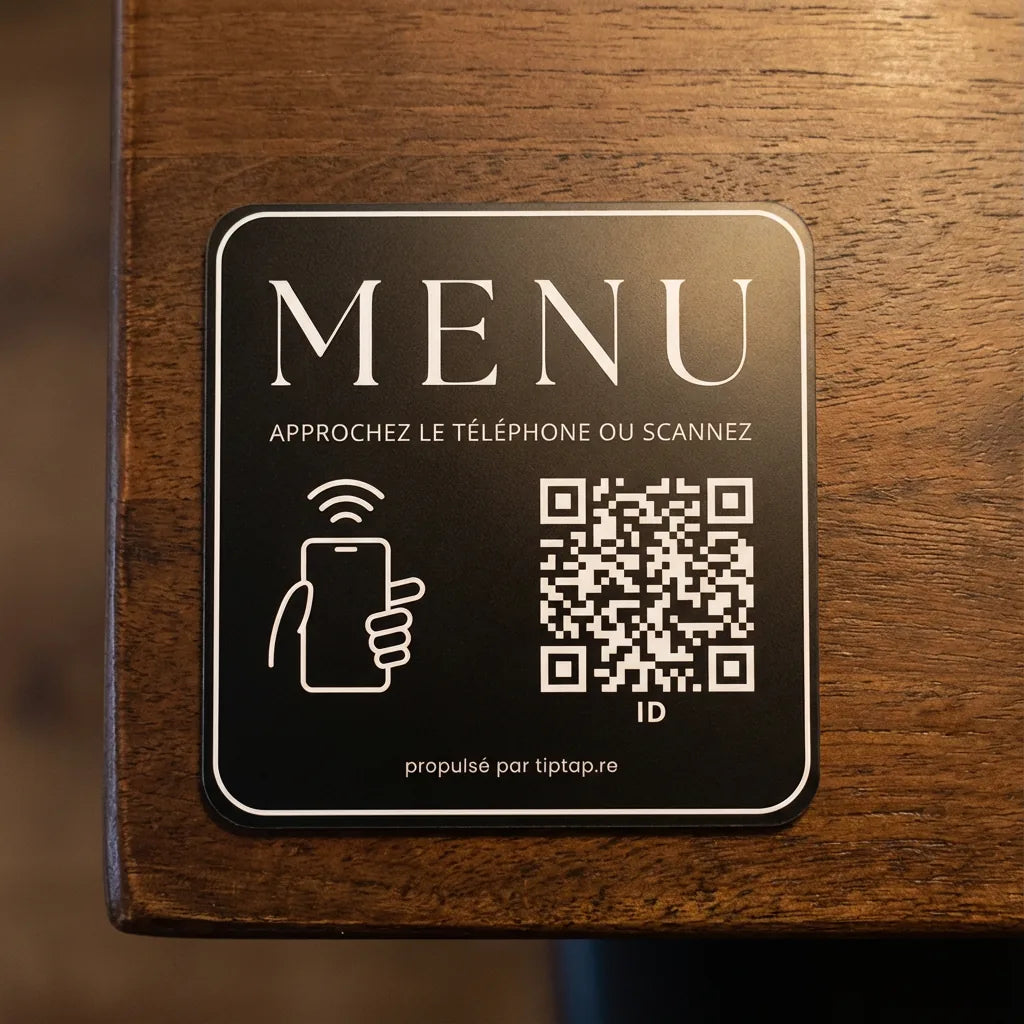 Plaque NFC menu restaurant posée sur une table