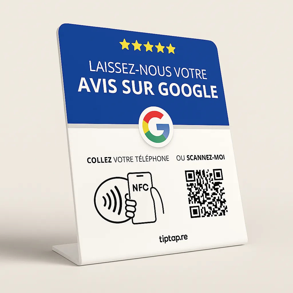 Stand NFC avis Google Tiptap sur un comptoir