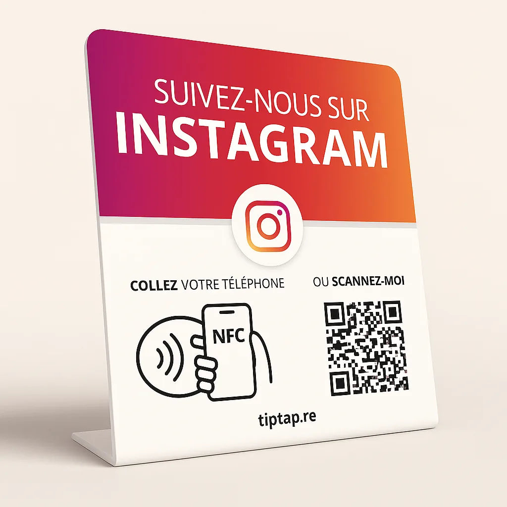 Stand NFC Instagram Tiptap sur un comptoir